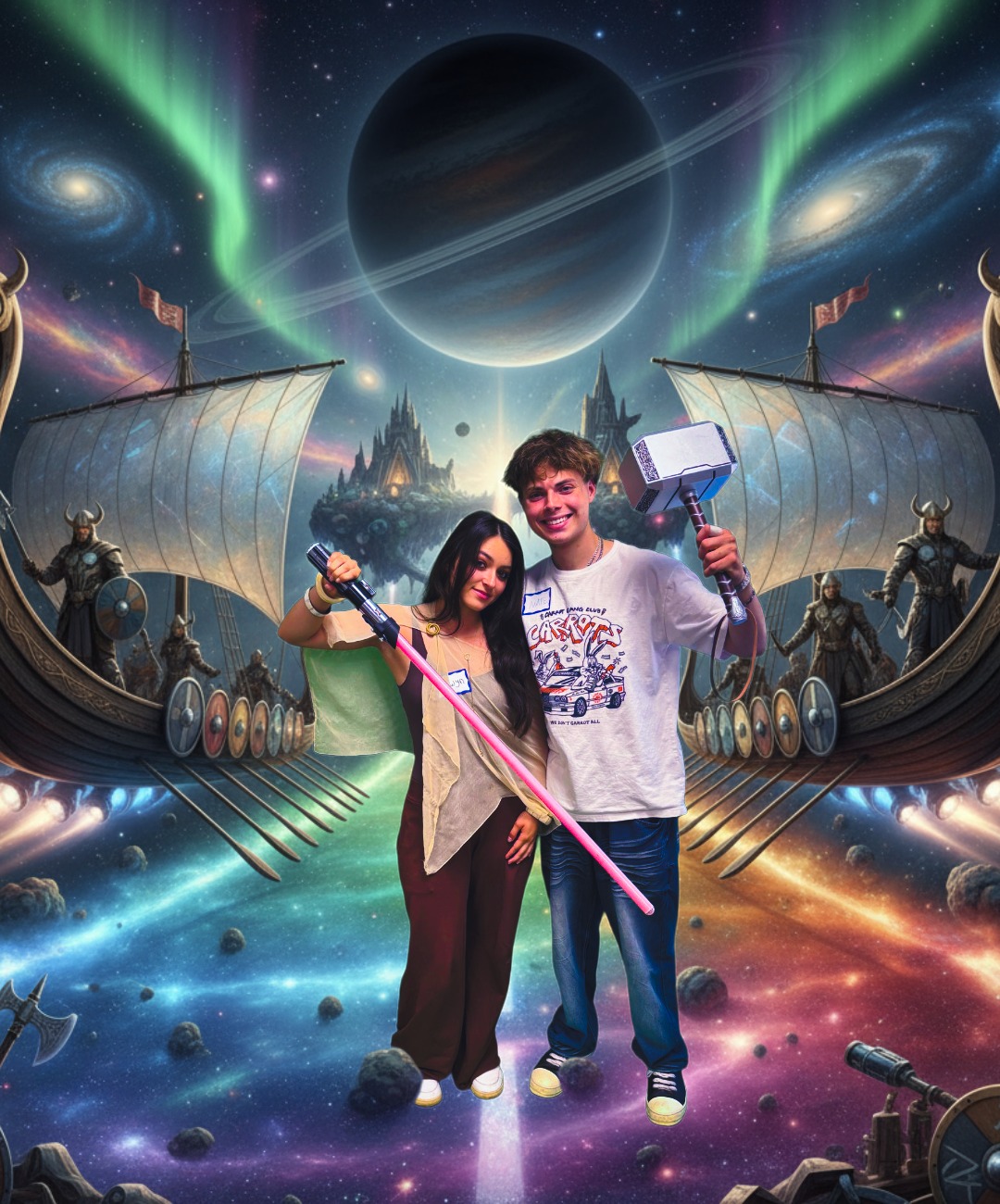 2 people holding props