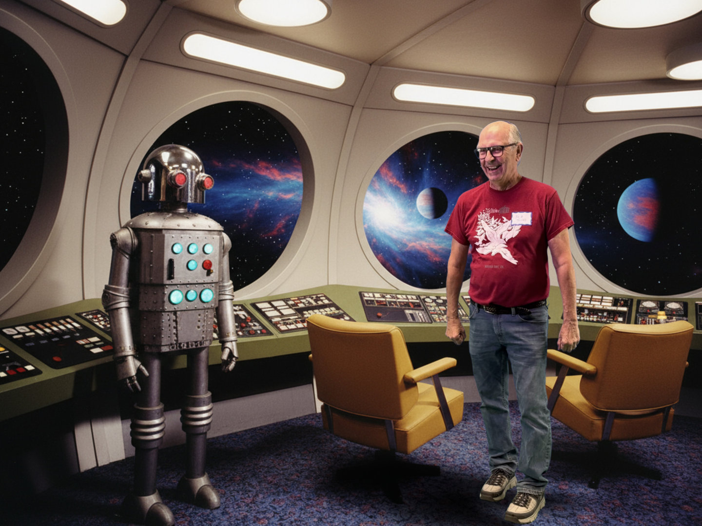 Man standing in a UFO next to a robot