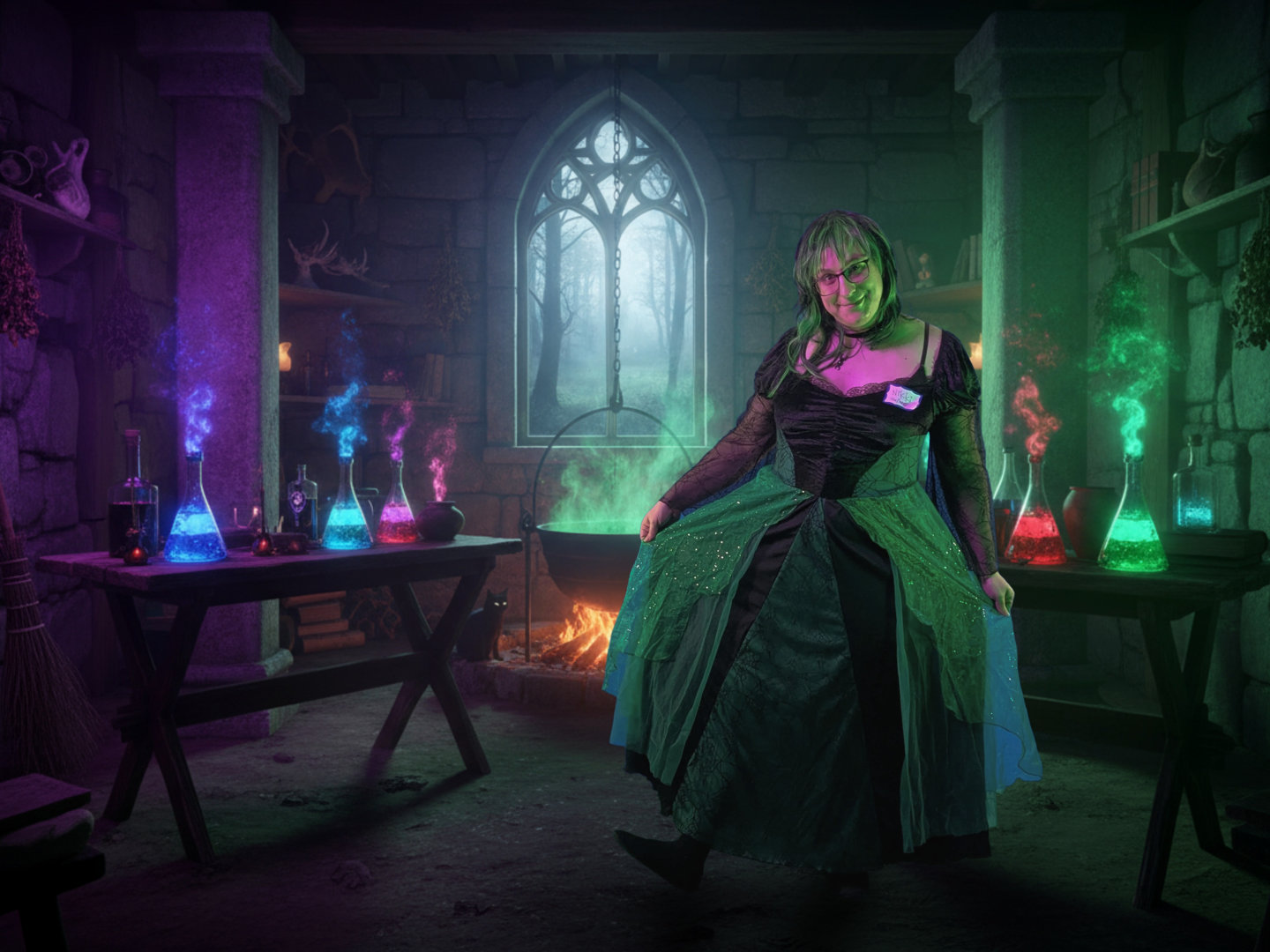 Woman dressed as a witch in a cabin