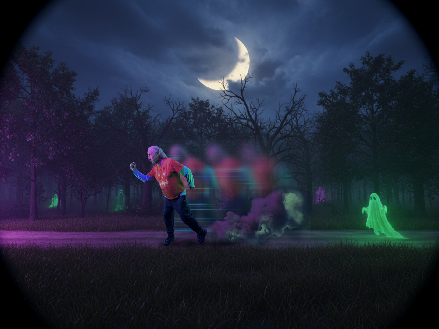 Man in forest running from a ghost